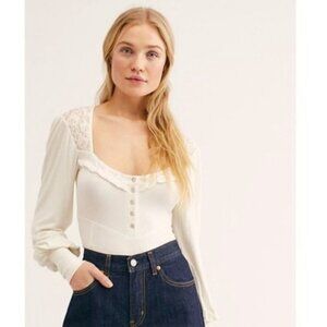 EUC Free People Kissin Kate Ribbed with Lace Square Neck Top, White, Size L